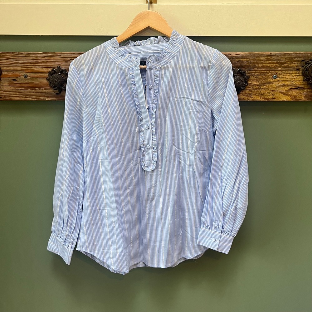 Talbots Blue White Striped Metallic Ruffle Collar Cotton Blouse NWT Small